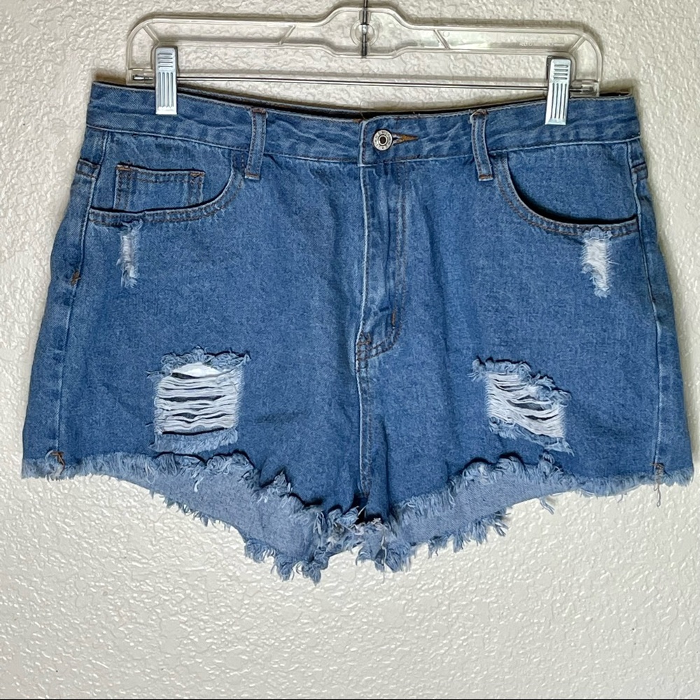 SHEIN distressed destroyed high waist denim jean shorts frayed XL